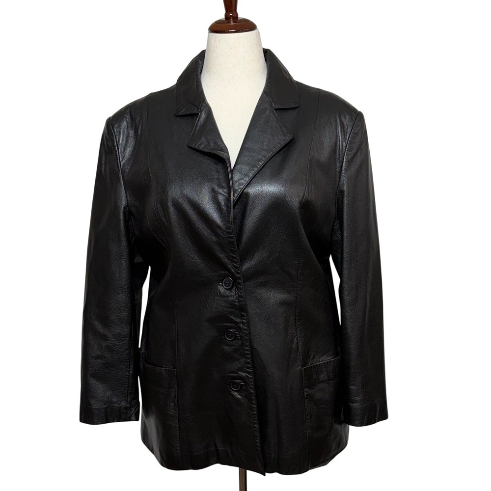 Vintage Wilson Blazer Women XL Black Leather 3 Button Closure Notch Lapel Jacket